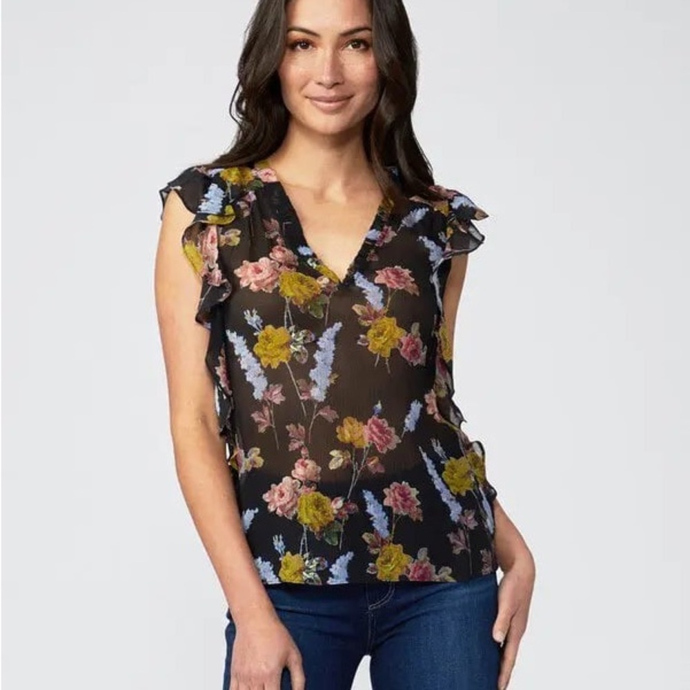 Paige Genie Silk Floral V-Neck Ruffle Sleeve Top